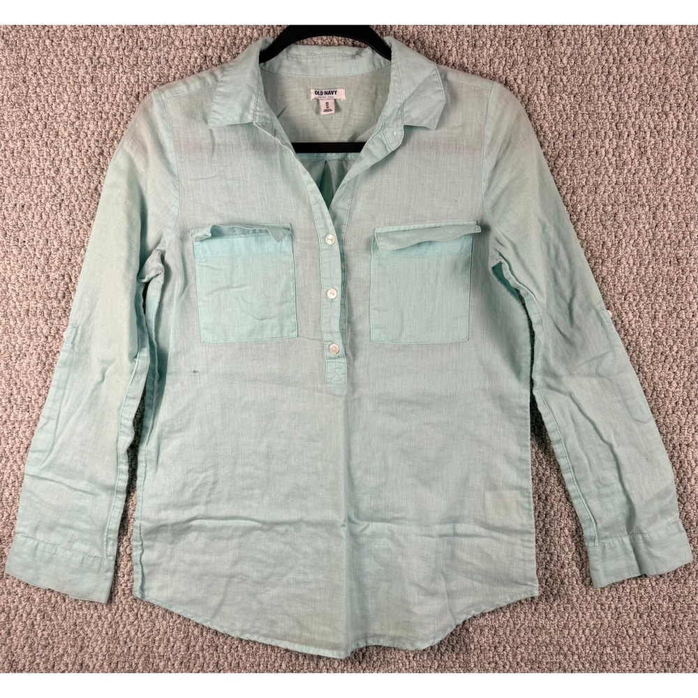 Old Navy Linen Blend Button Down Shirt XS Aqua Blue Long Sleeve Roll Tab Pockets